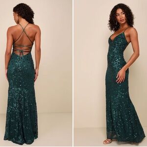 Lulus Photo Finish Forest Green Sequin Lace-up Maxi Dress - Size M
